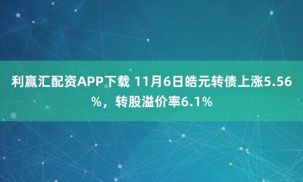 利赢汇配资APP下载 11月6日皓元转债上涨5.56%，转股溢价率6.1%